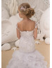 White Lace Organza Corset Back Long Flower Girl Dress